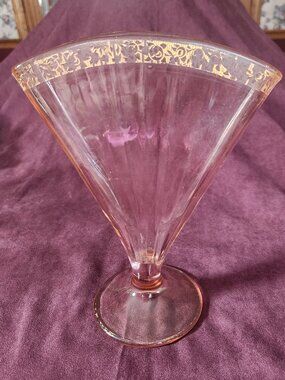 Paden City Pink Fan Vase w/Gold Rim (Rambler Rose) Depression Glass 1920s-30s